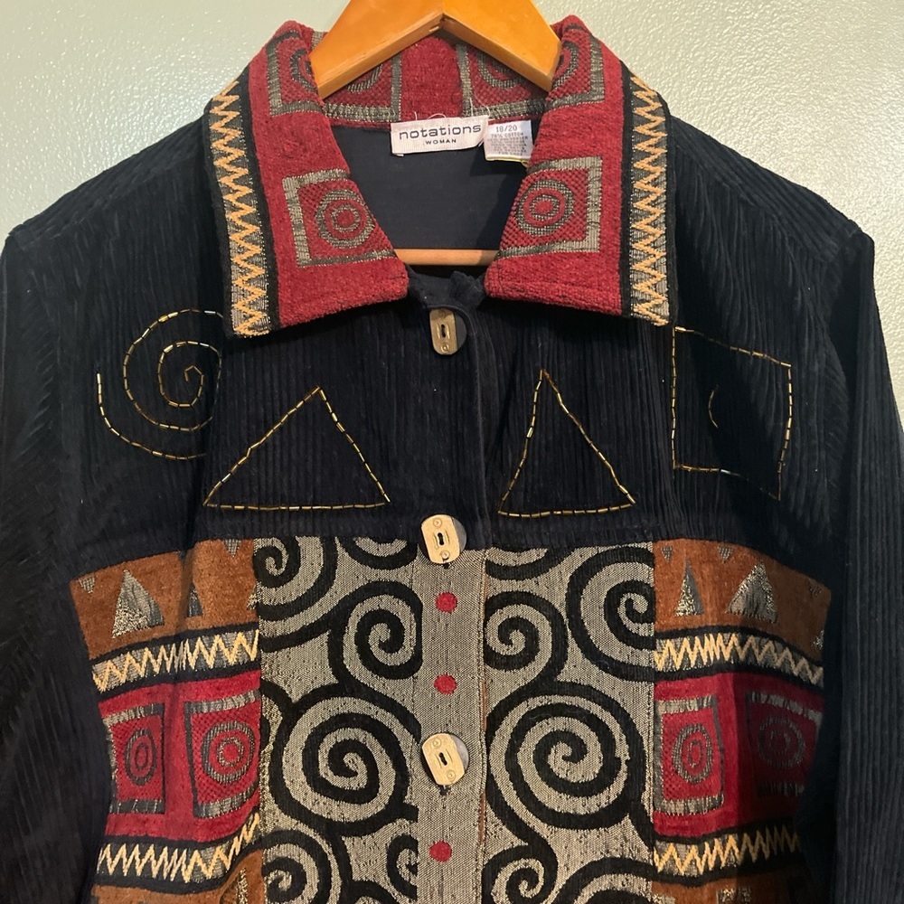 Vintage Notations Corduroy Artisan Black and Red Jacket Patch Work Cotton 18 - Picture 2 of 9